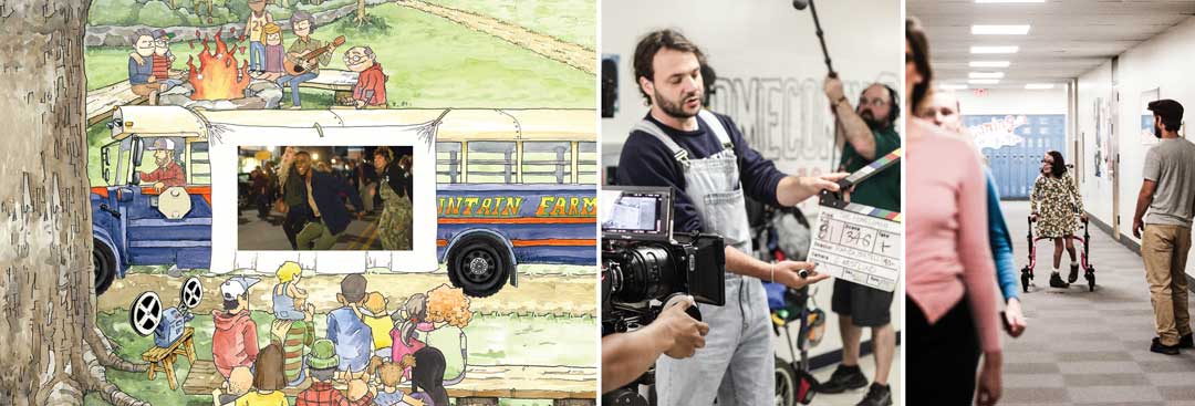 Image 1: Illustration of camp. Image 2: Camera crew. Image 3: young lady walking down a hallway with assistive walker