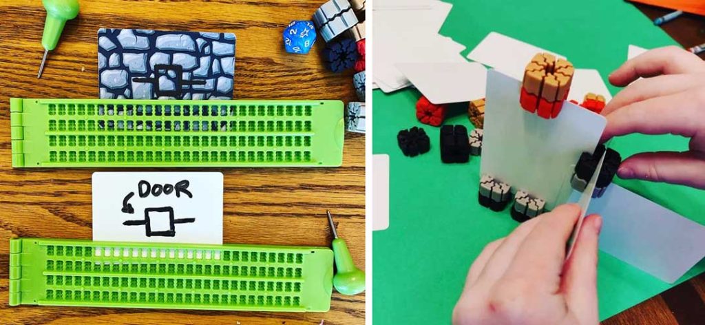 close up of someone playing with TI"TIAN blocks, inserting cards in crevices of blocks