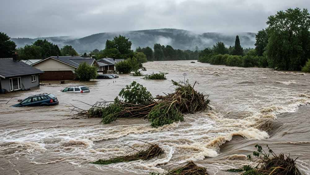 rapid river flood with water covering houses and vehicles