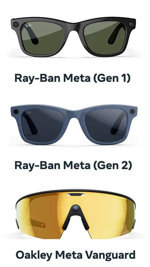 Models of Meta Glasses with dark lenses, medium dark lenses and golden wrap around lenses.