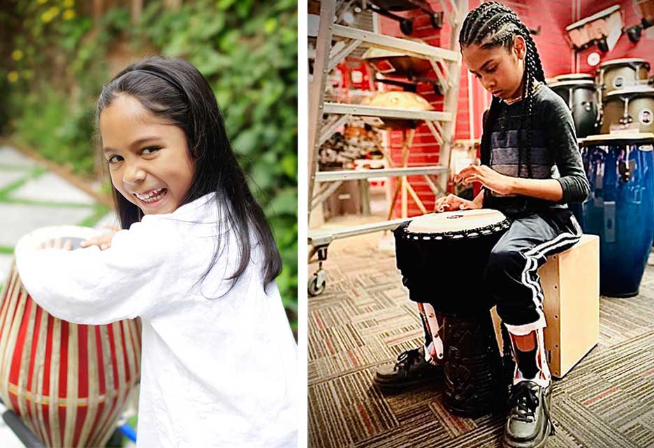 left very young boy with had drum made of wood and rope Right tween boy playing a goblet shaped floor drum