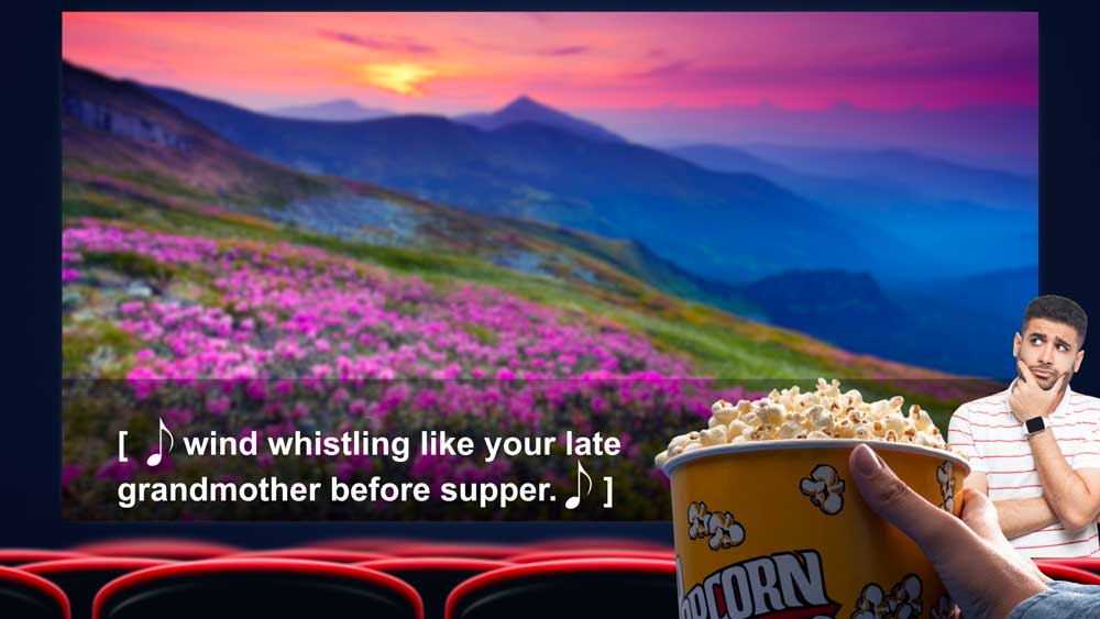 man looking inquisitive is super imposed on a movie theater image looking at the captions that read " wind whistling like your late grandmother before supper. with a hand holding popcorn in the foreground.