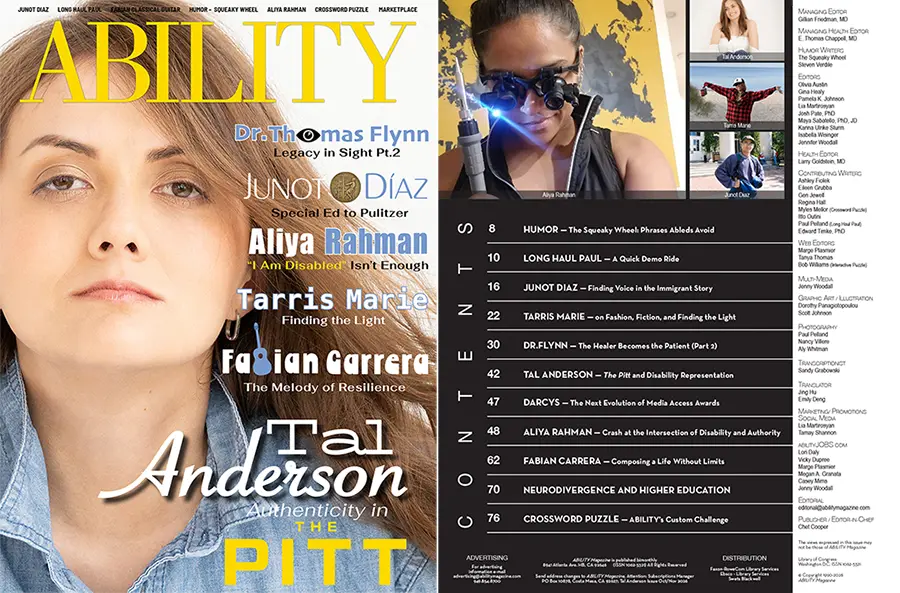 Tal Anderson Issue cover woman with long flowing brown hear wearing a denim shirt and table of contents of the October November issue